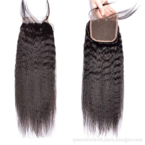 Brazilian Kinky Straight Bundles with Closure Yaki Hair Bundles Extensions Unprocessed Human Hair Bundles Natural Black Color